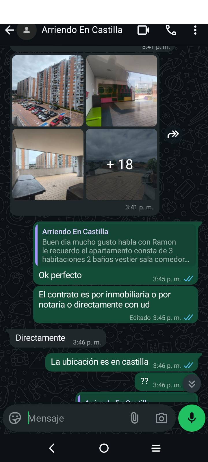 Conversación donde el estafador ofrece apartamento en Castilla con contrato directo