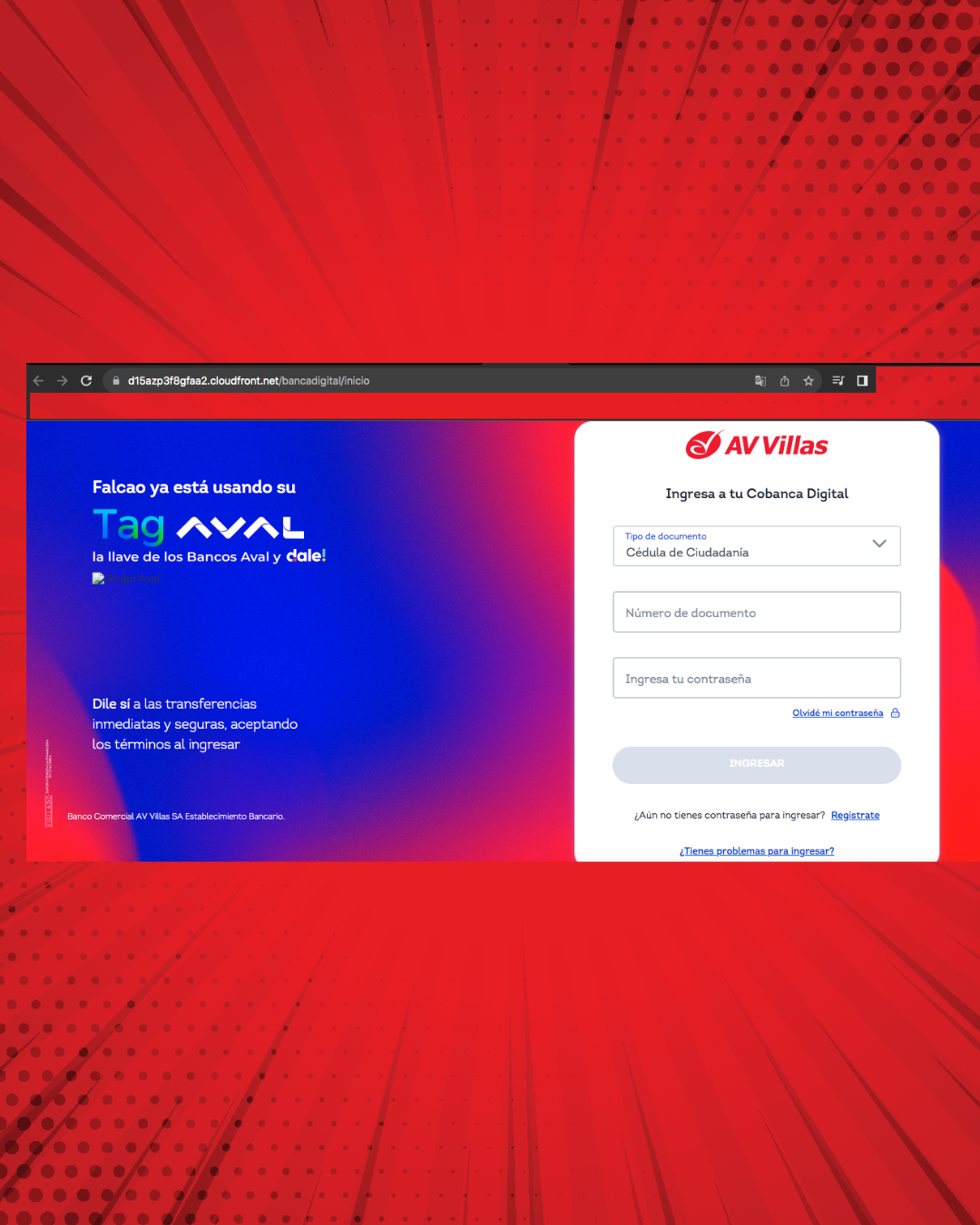 Página web falsa de AV Villas que solicita usuario y contraseña
