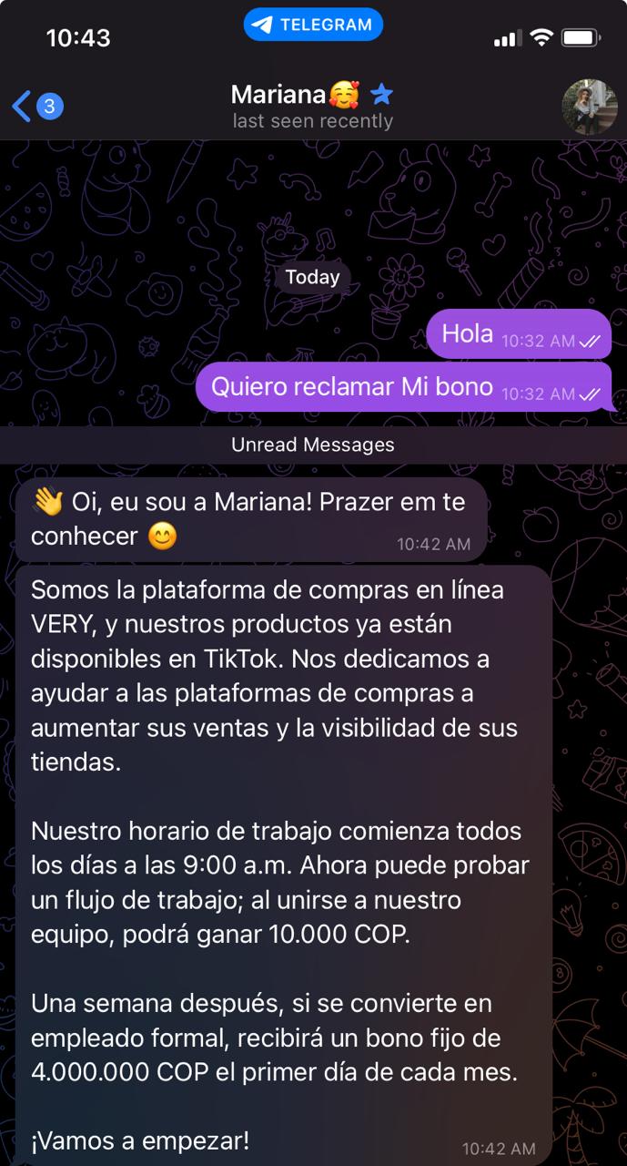 Interfaz de Telegram mostrando la comunicación con los estafadores
