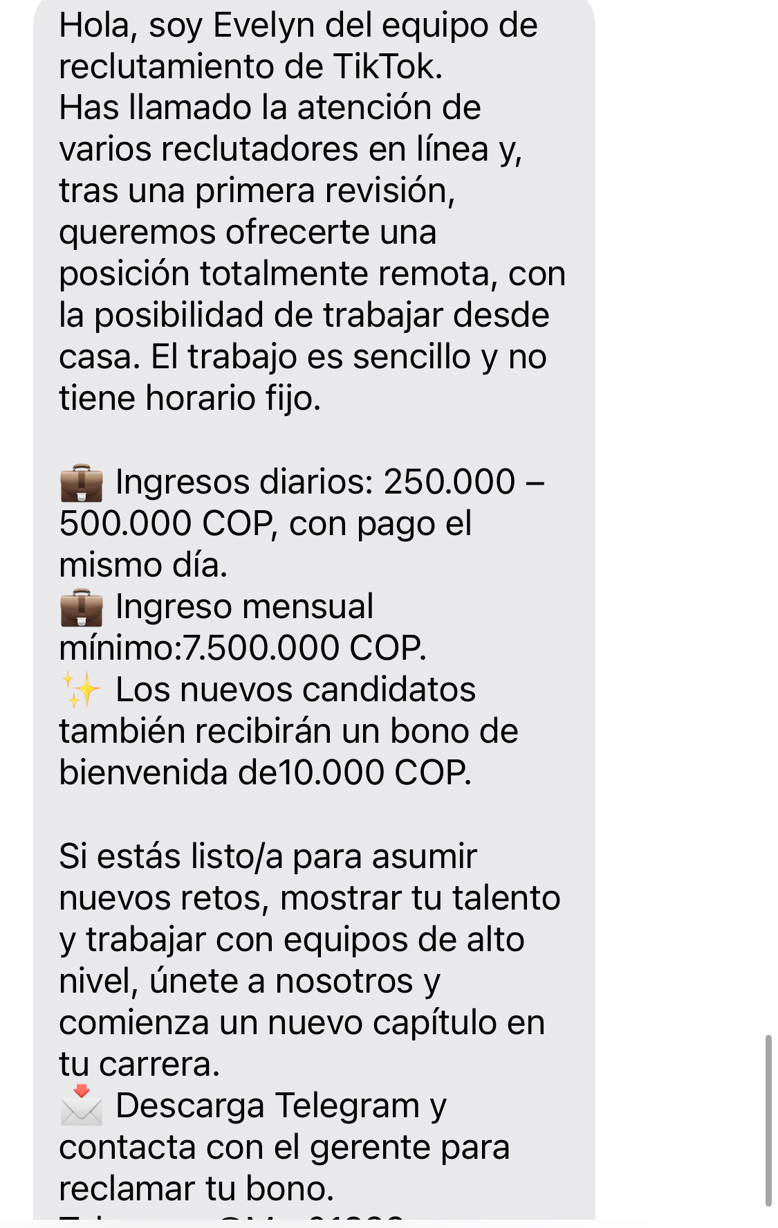 Mensaje de texto ofreciendo ingresos diarios trabajando desde casa