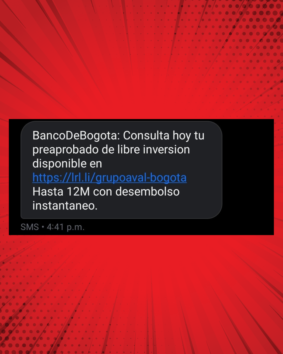Mensaje de texto falso ofreciendo Tag Aval de Bancos Aval