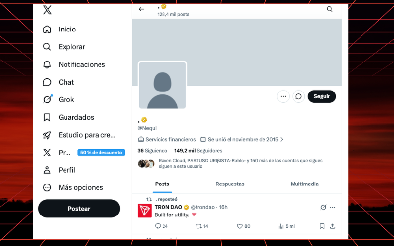 Captura de la cuenta verificada @Nequi en X mostrando señales de compromiso: foto de perfil en blanco y contenido de criptomonedas ajeno a la marca