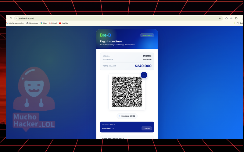 Pantalla de pago falsa con código QR Bre-B y llave de cobro