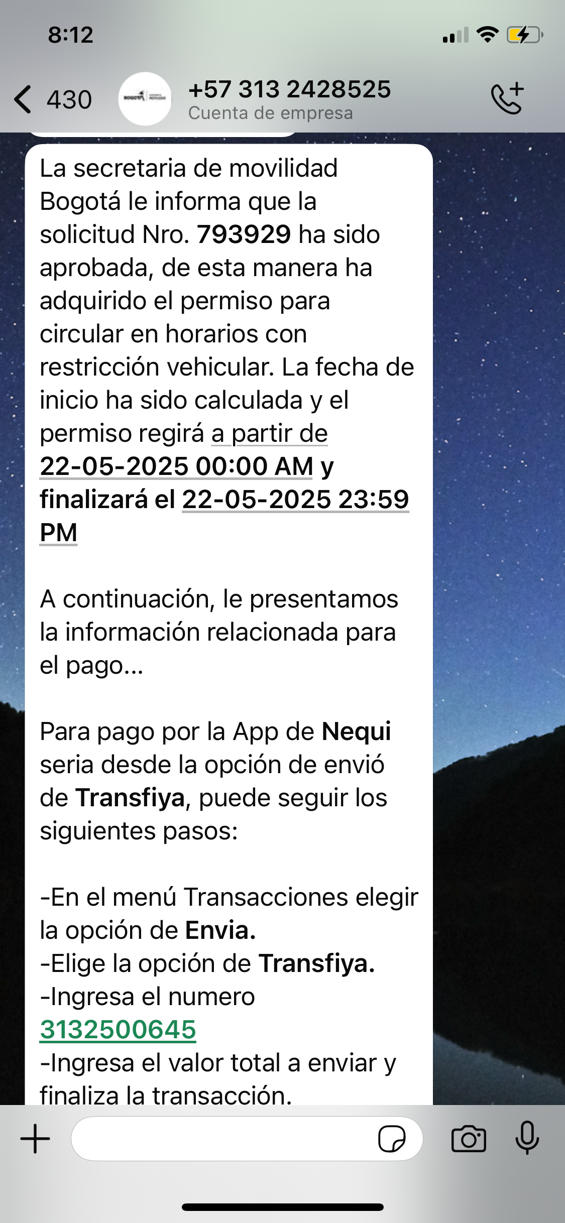 Mensaje fraudulento de WhatsApp