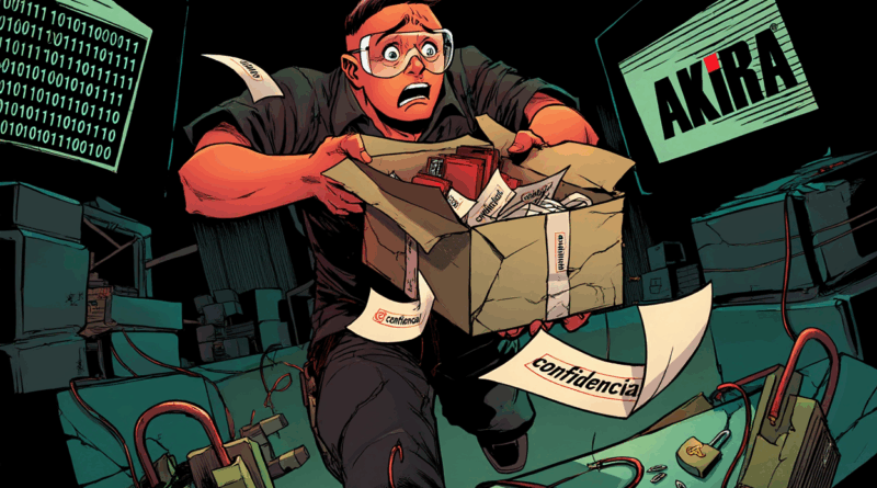 Trabajador logístico colombiano cargando caja con documentos confidenciales mientras ocurre un ciberataque de ransomware Akira