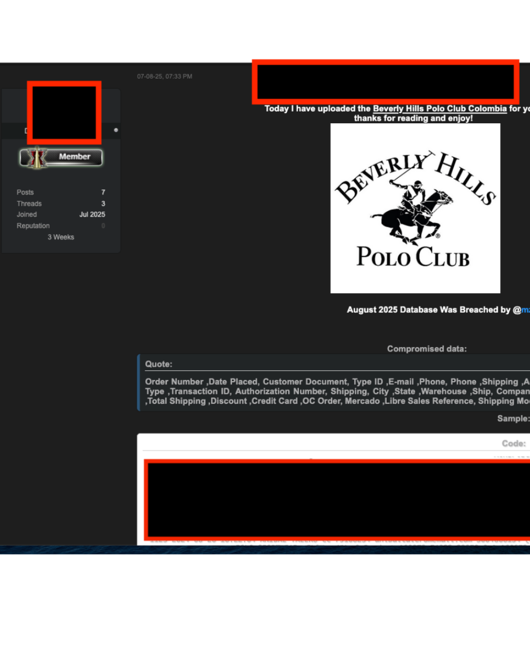 Anuncio de venta de datos filtrados de Tenis Polo Club