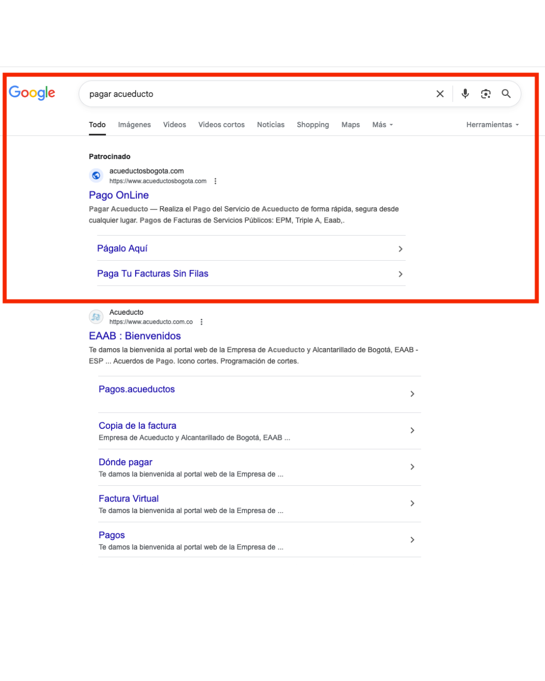 Anuncio patrocinado en Google con el enlace falso del acueducto de Bogotá