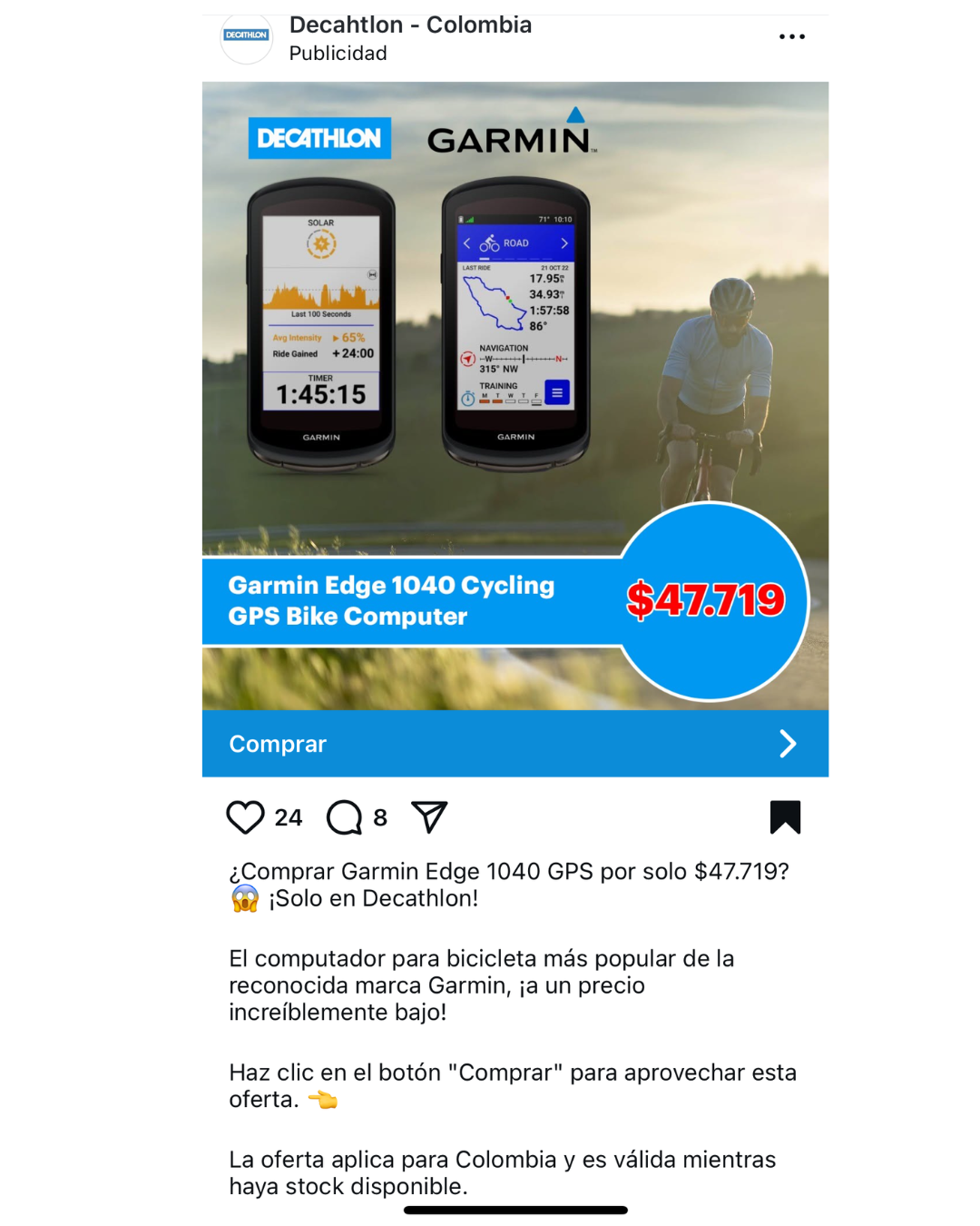 Página falsa de Decathlon promocionando Garmin Edge 1040 a precio sospechoso