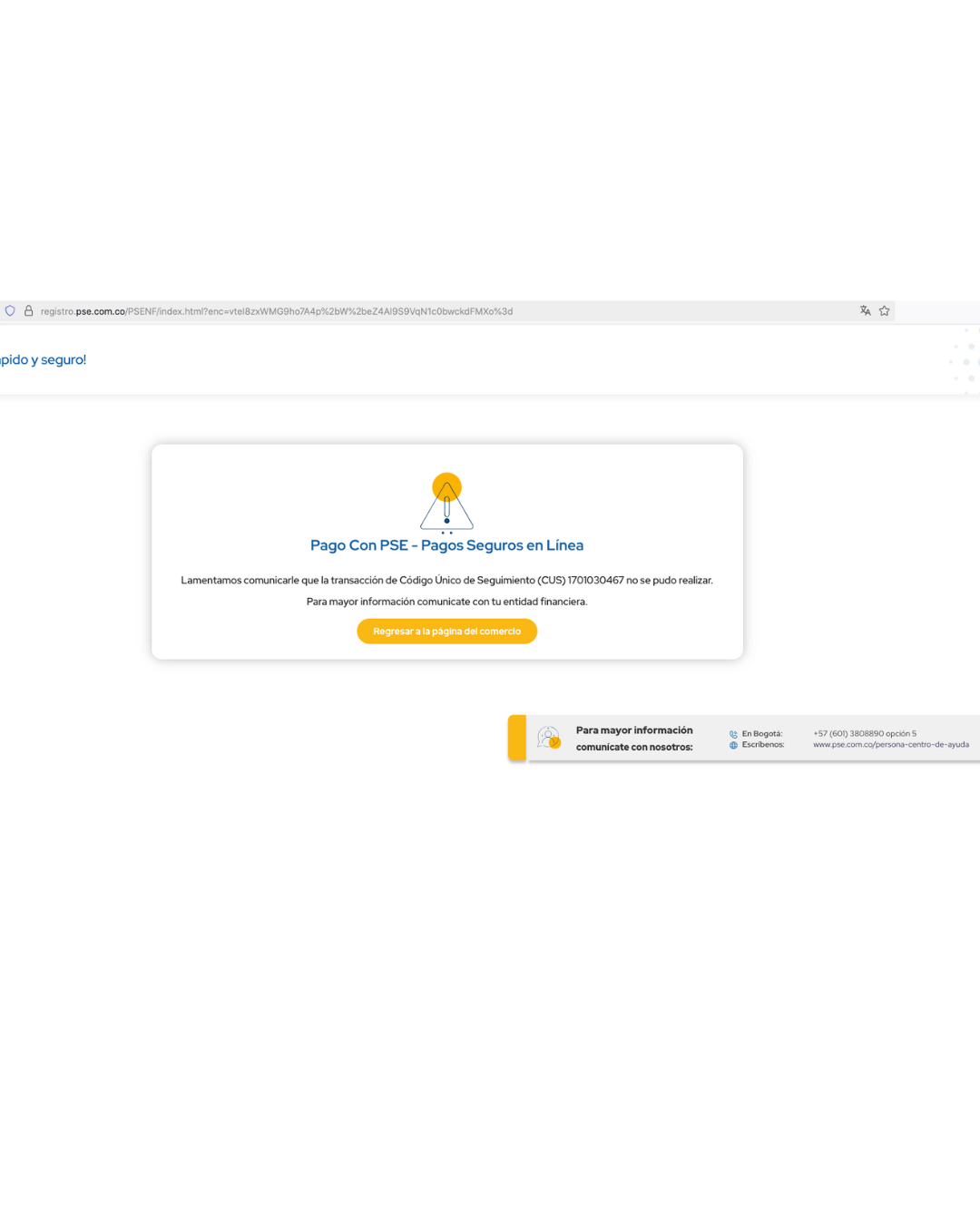 Mensaje de error falso del pago por PSE