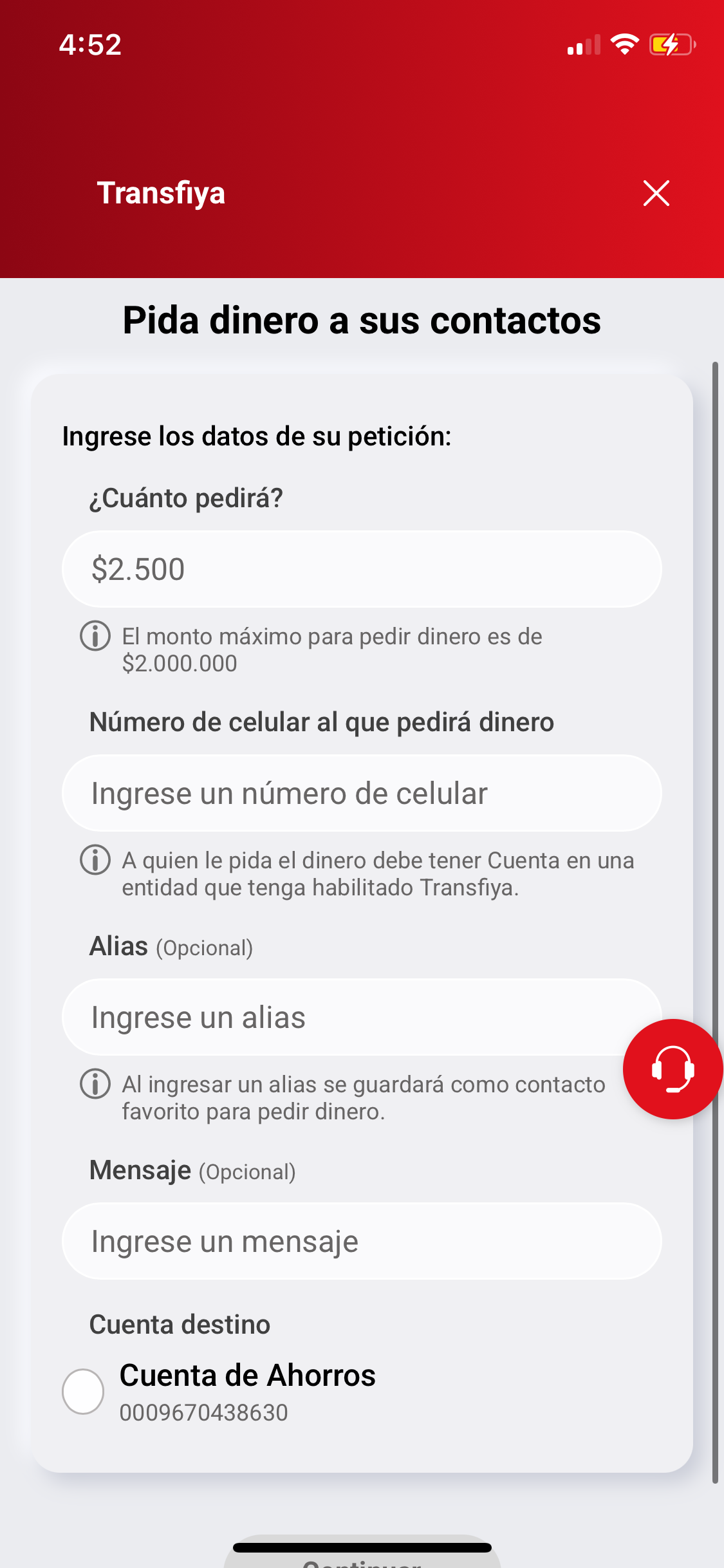 Pantalla principal de Transfiya mostrando opciones para enviar y pedir dinero