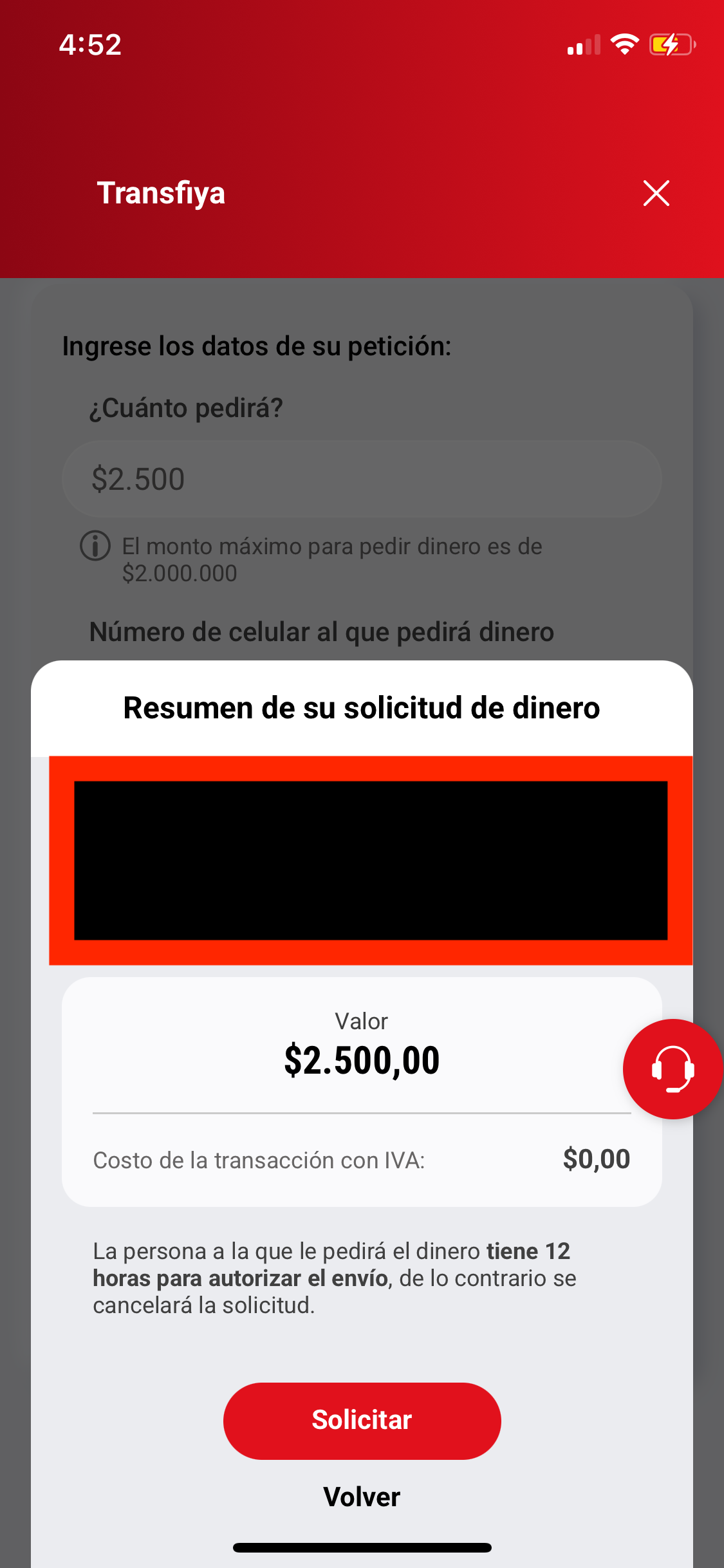 Resumen de solicitud de dinero en Transfiya mostrando el monto a pedir