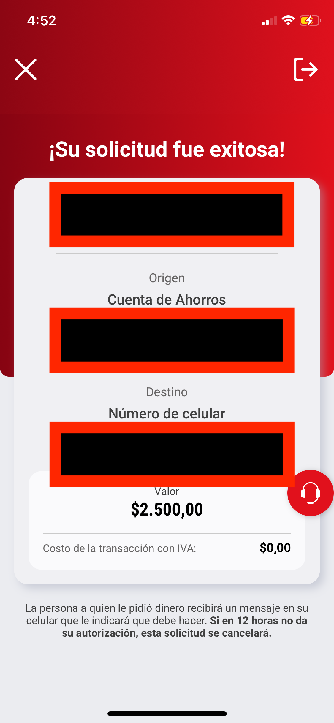 Formulario para pedir dinero en Transfiya con campos para número celular y mensaje