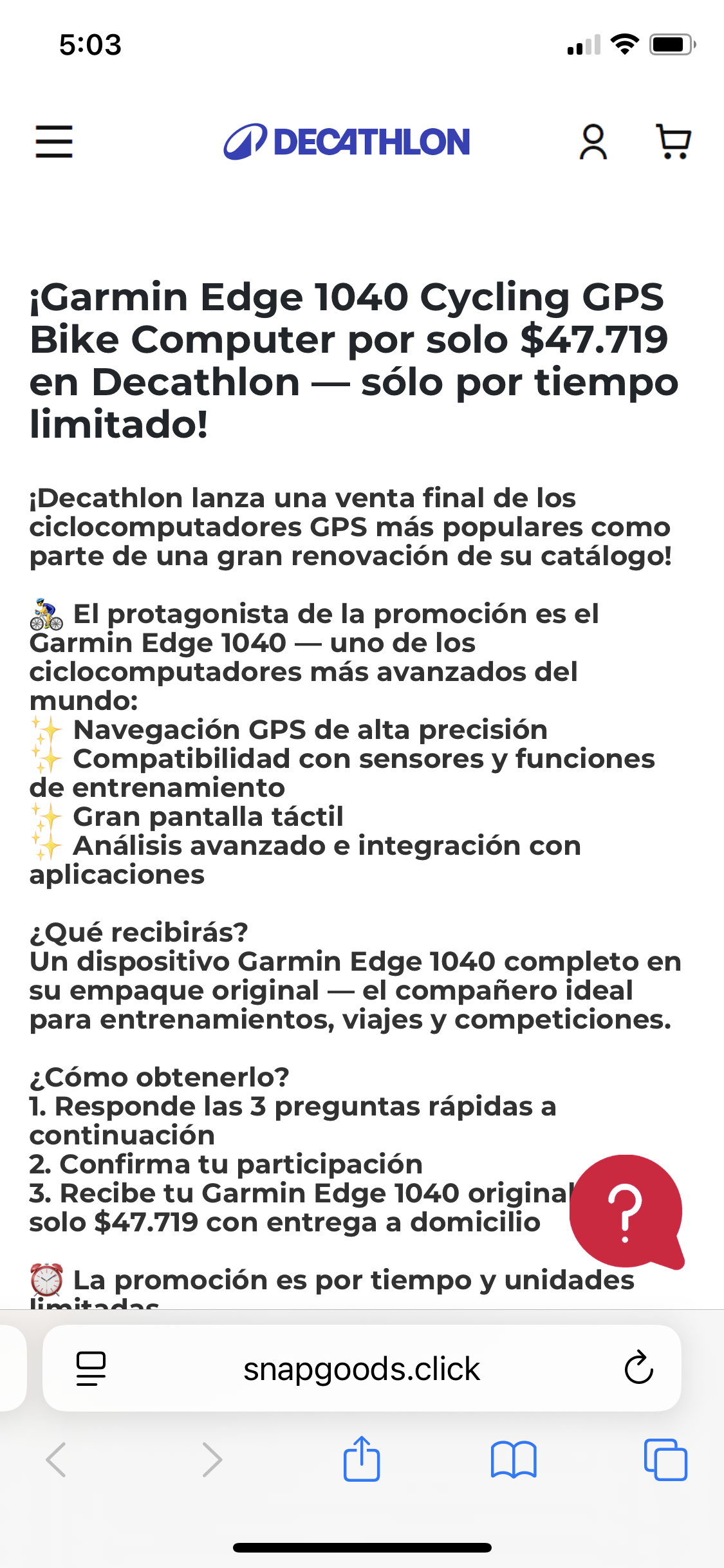Anuncio falso de Garmin Edge 1040 en supuesta oferta de Decathlon