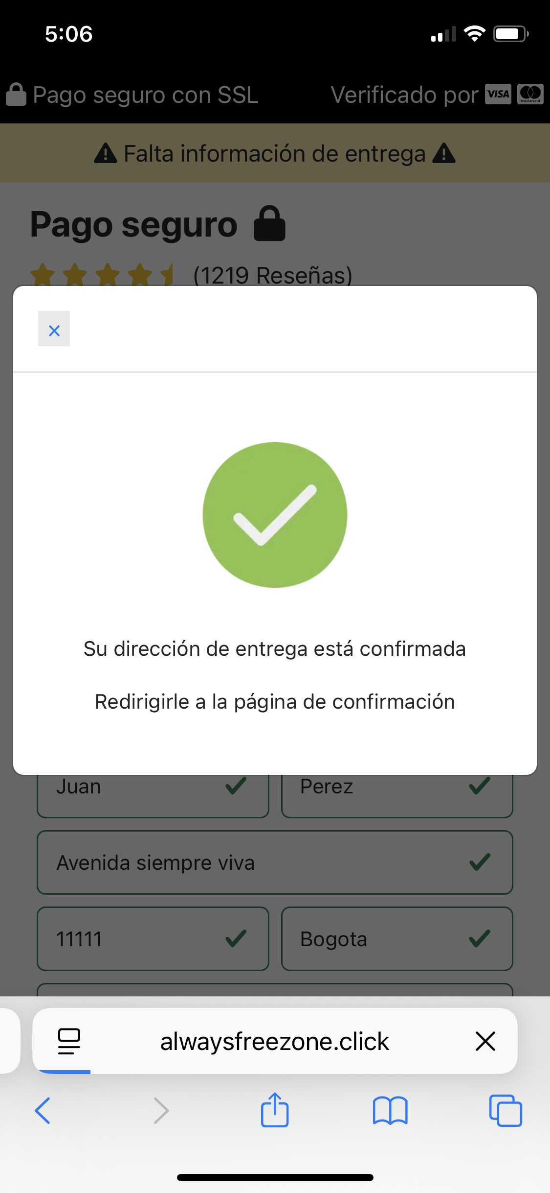 Detalles adicionales del formulario de pago fraudulento