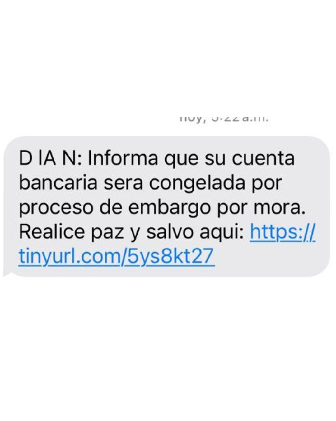 Mensaje de texto falso que anuncia embargo de cuenta por mora con la DIAN