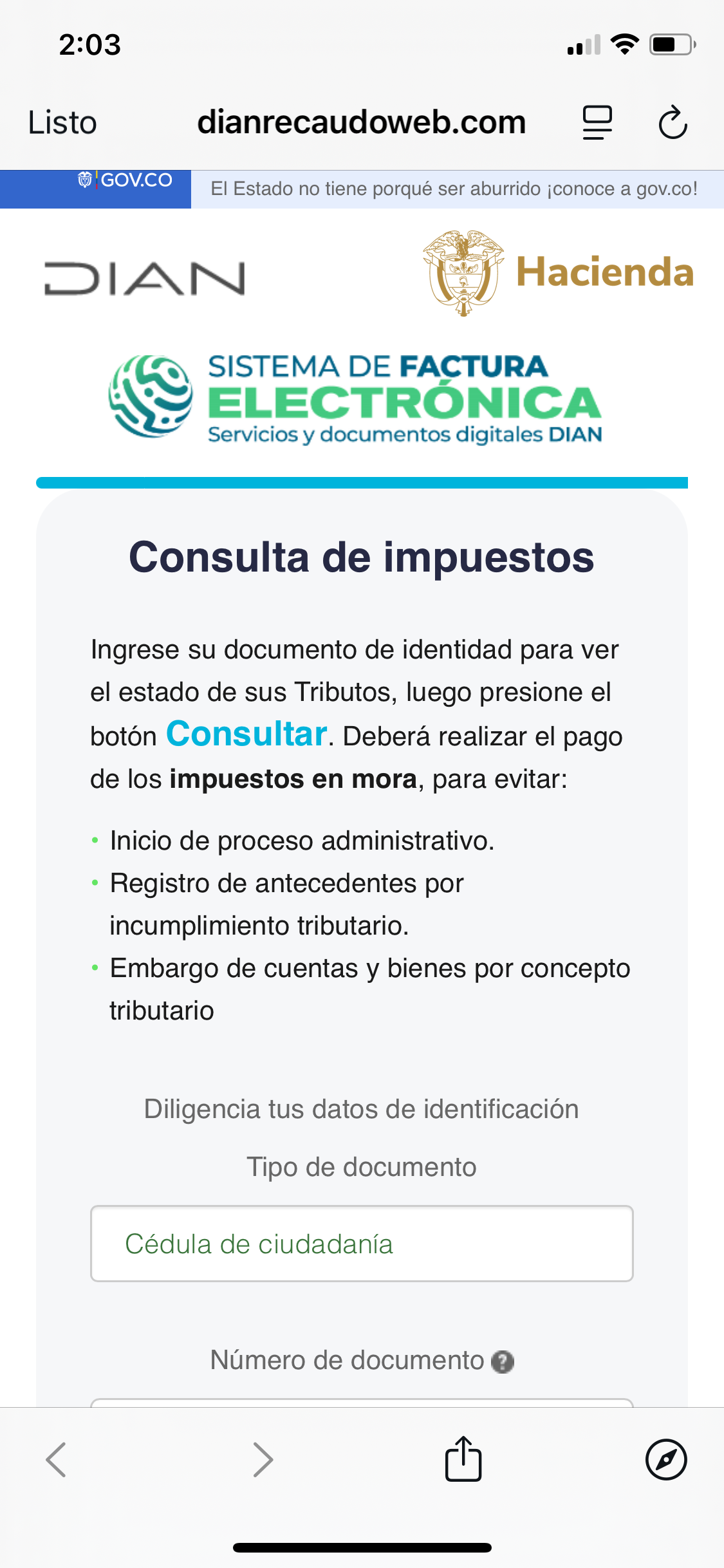 Página web falsa de consulta de impuestos de la DIAN