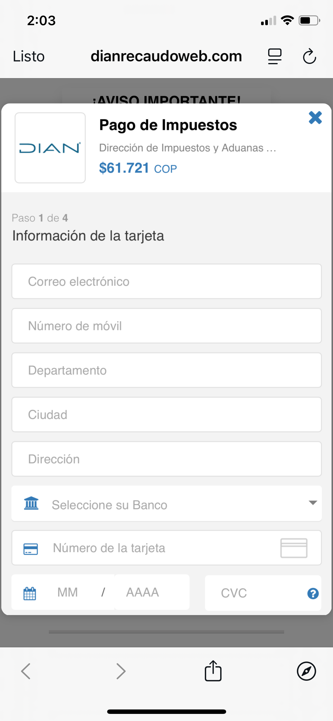 Página falsa que informa de deuda y solicita pago