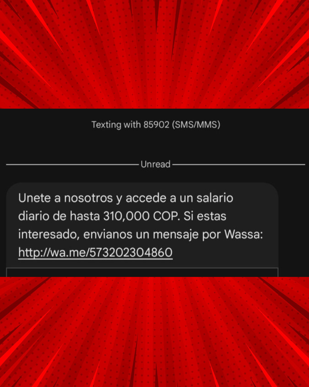 Mensaje de texto ofreciendo trabajo falso con salario de 310,000 COP diarios