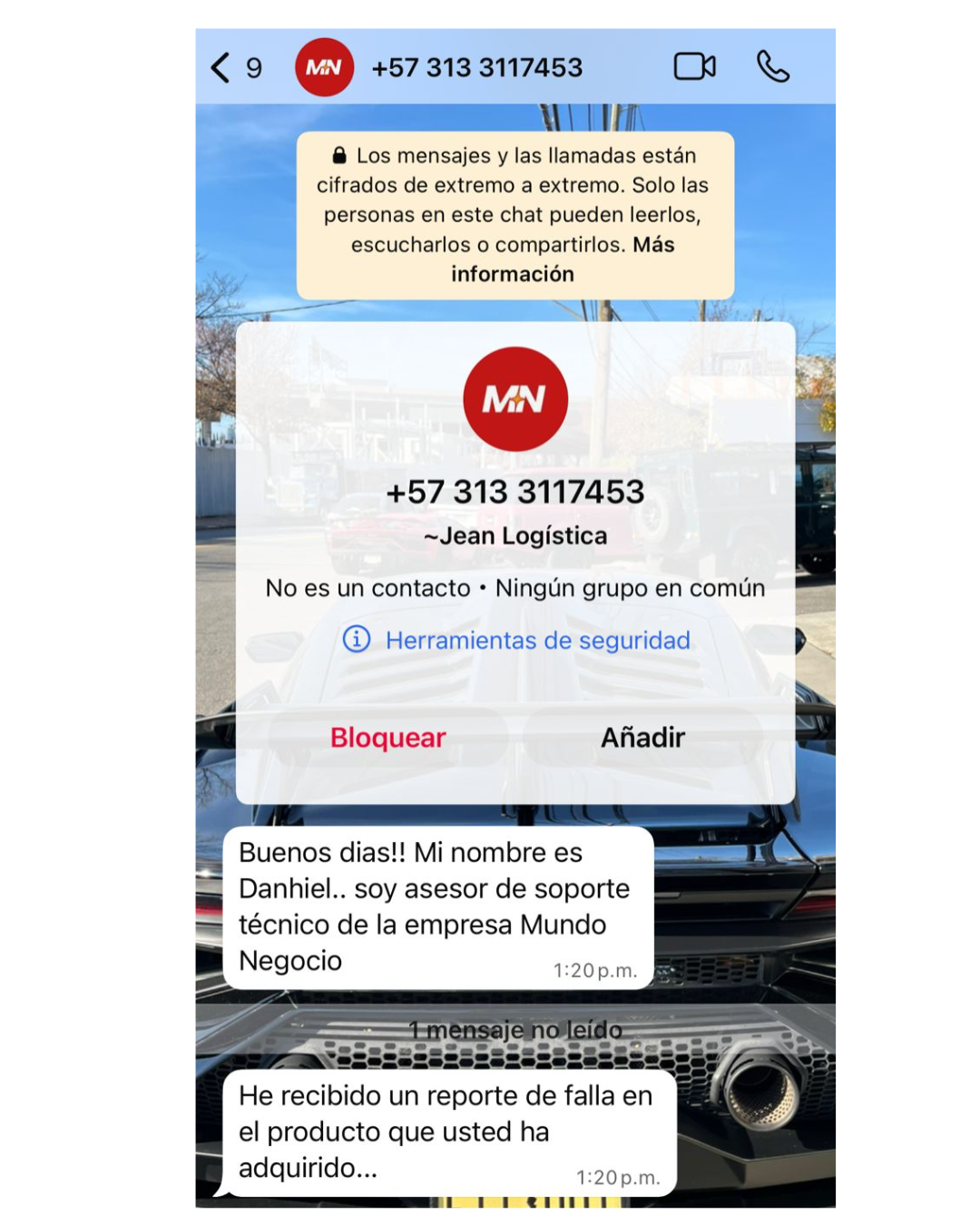 Captura de mensaje de texto de Jean Logística reportando falsa falla de producto