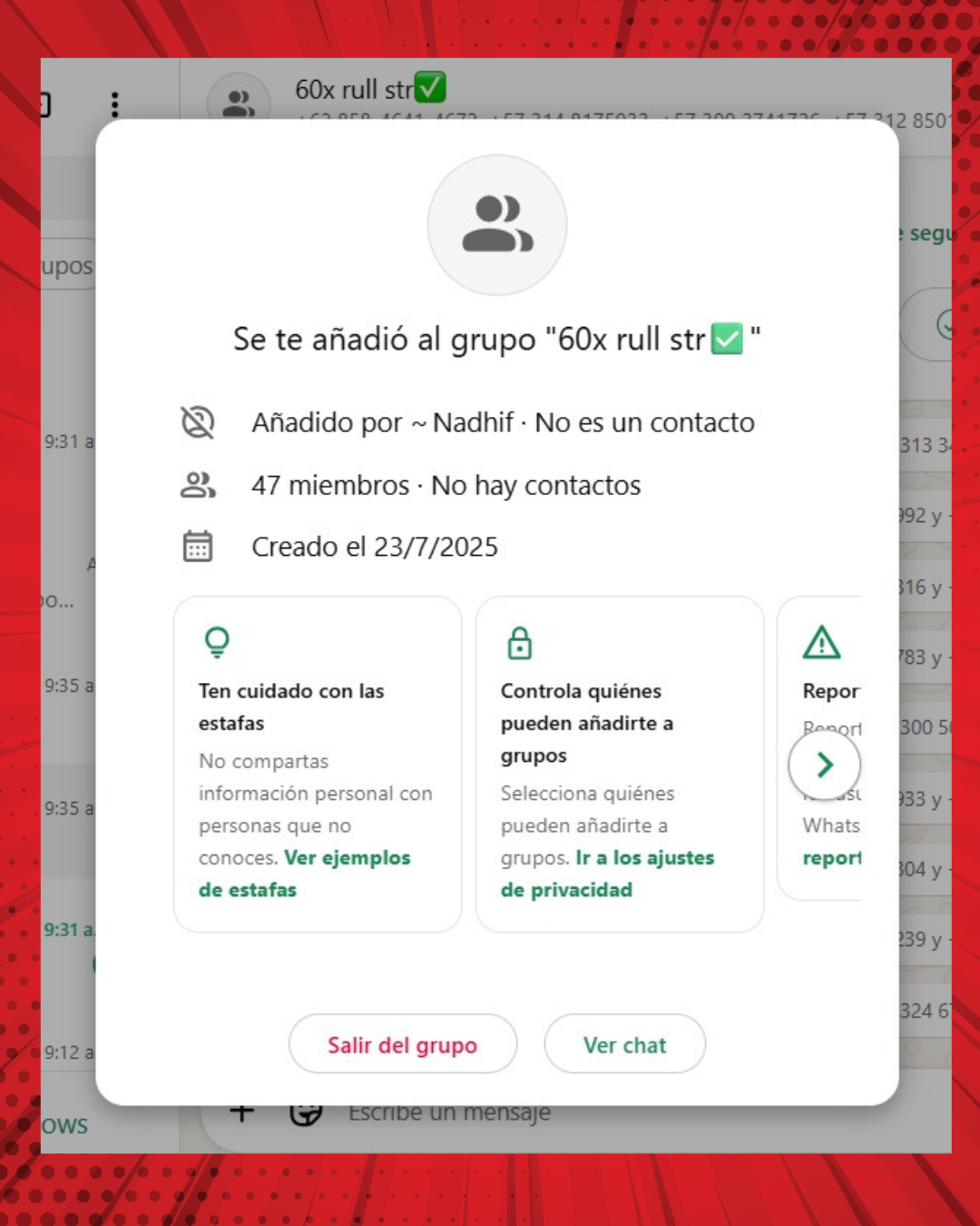 Invitación a grupo de WhatsApp ofreciendo trabajo desde casa