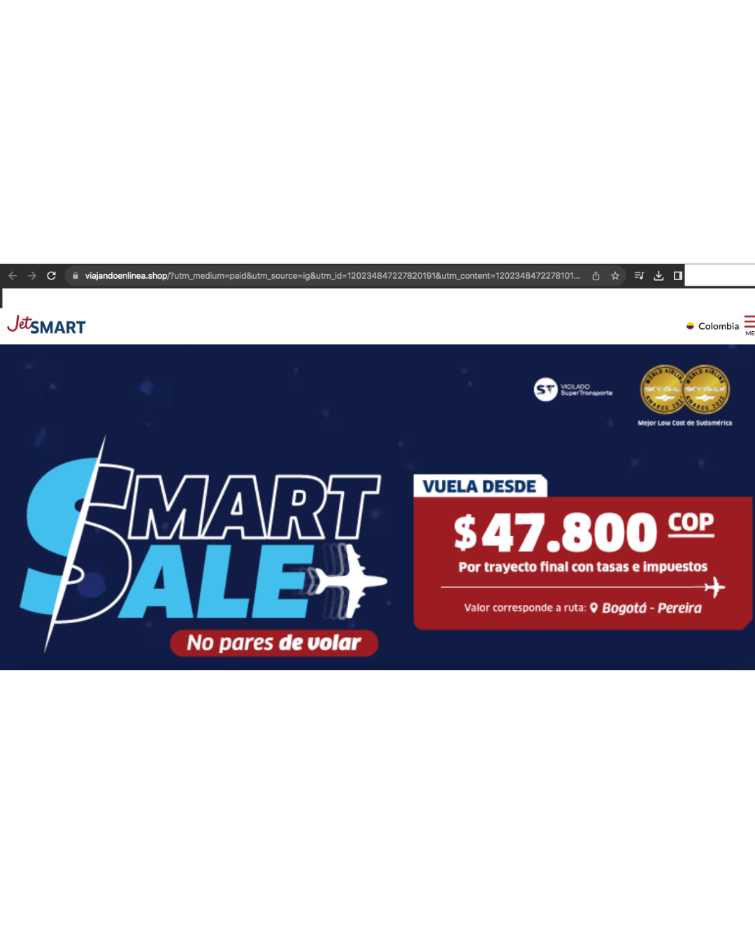 Captura de pantalla de la página falsa de Jetsmart ofreciendo vuelos baratos