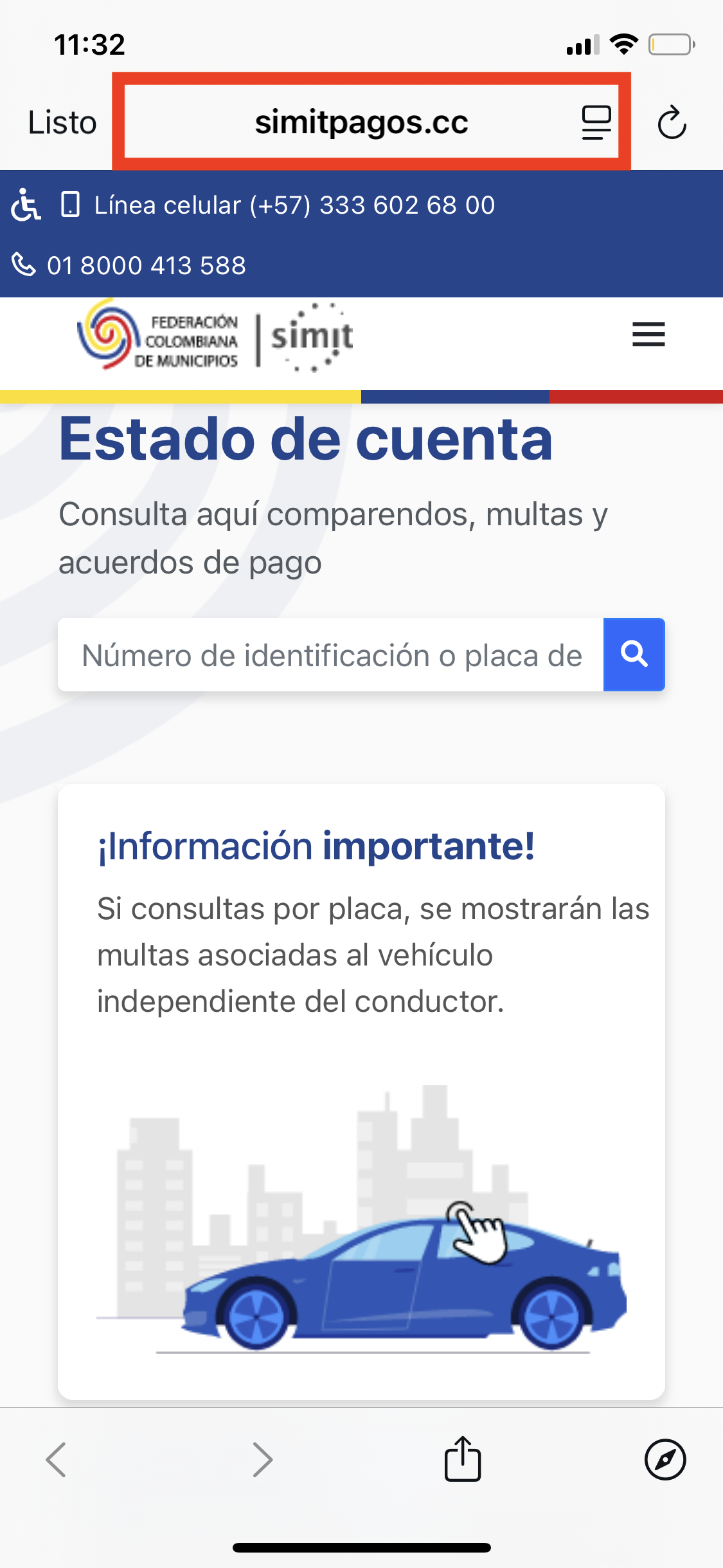 Página falsa de consulta de estado de cuenta de comparendos