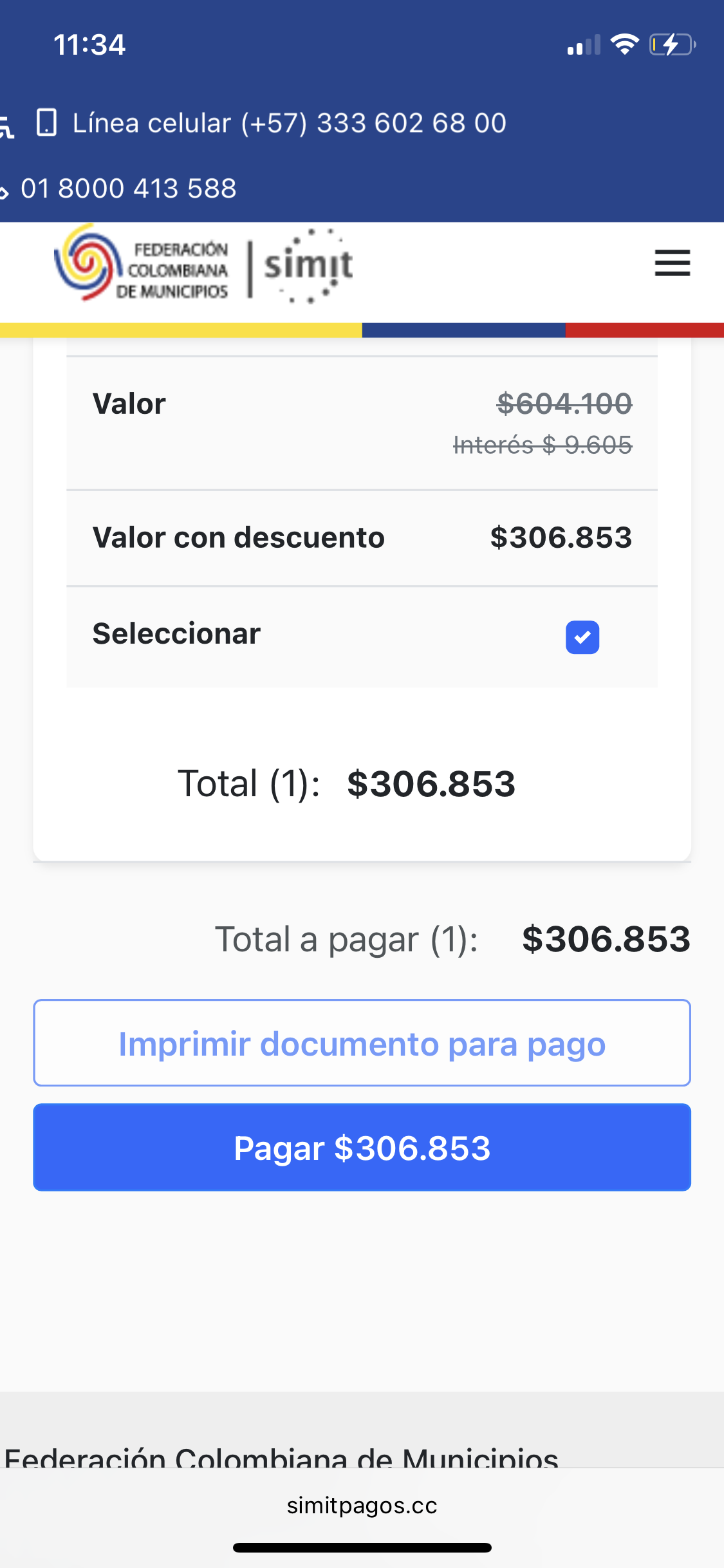 Detalles de pago con descuento falso