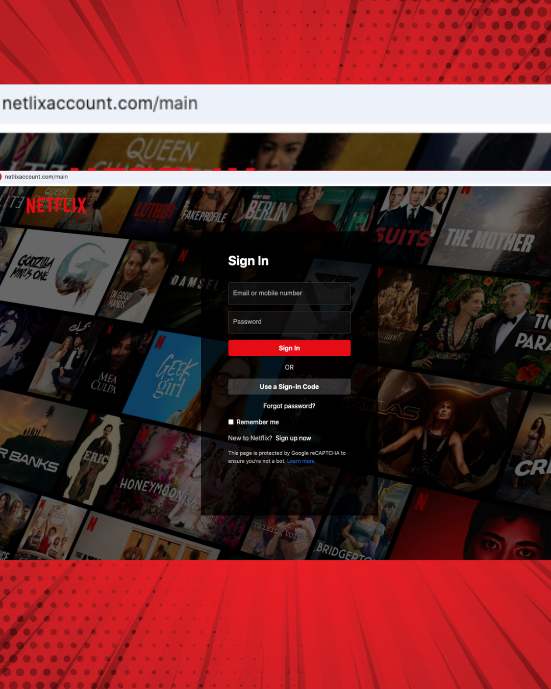 Página web falsa de inicio de sesión de Netflix