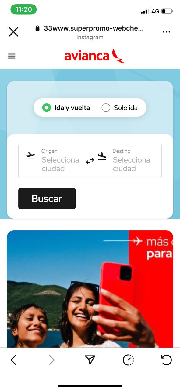 Página falsa de Avianca imitando la búsqueda de vuelos
