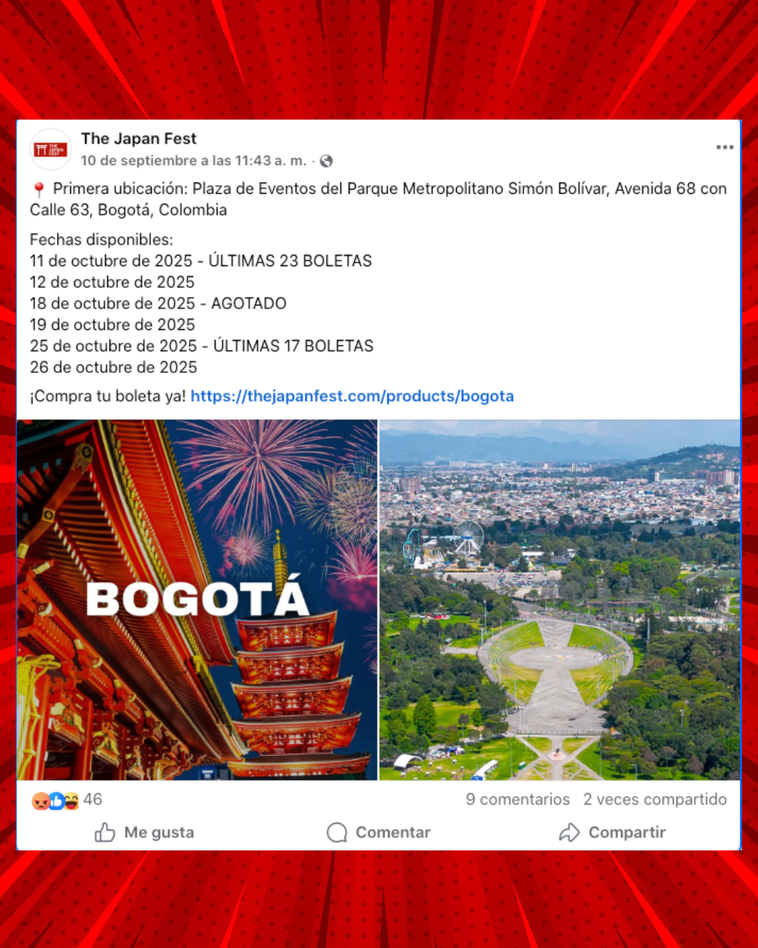 Publicación con ubicación falsa en Parque Simón Bolívar de Bogotá