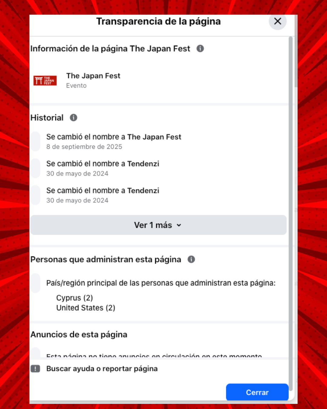 Información de transparencia de la página que muestra administradores en Chipre y Estados Unidos
