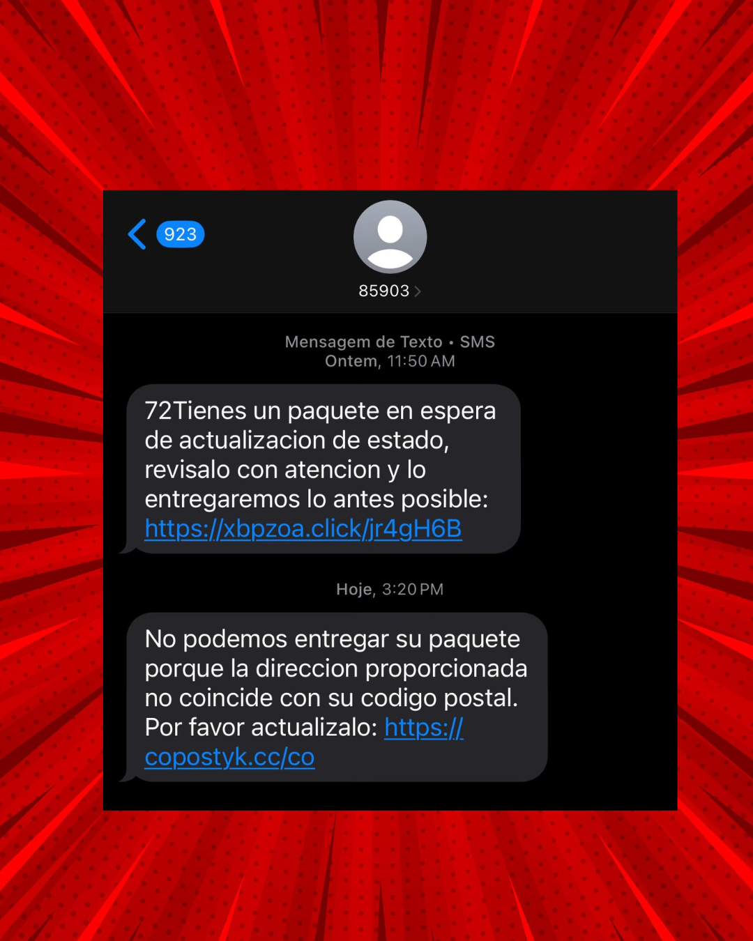 Mensaje de texto fraudulento sobre paquete en espera