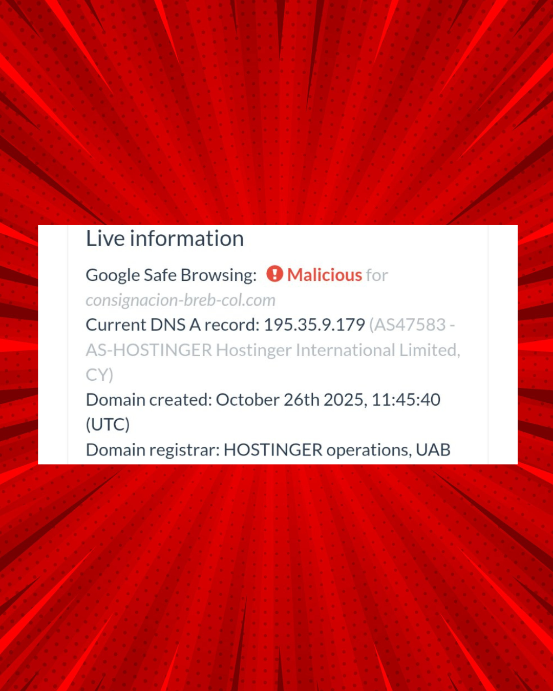 Información técnica del sitio web fraudulento