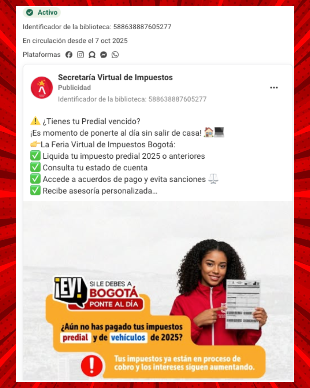 Anuncio falso de Secretaría Virtual de Impuestos sobre pago de impuestos
