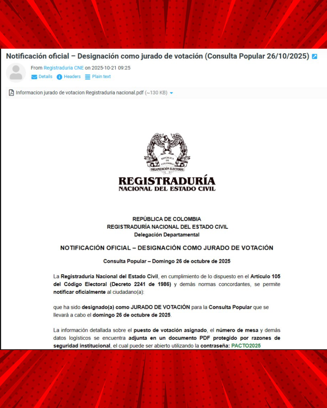 Correo electrónico falso de la Registraduría Nacional notificando designación como jurado de votación