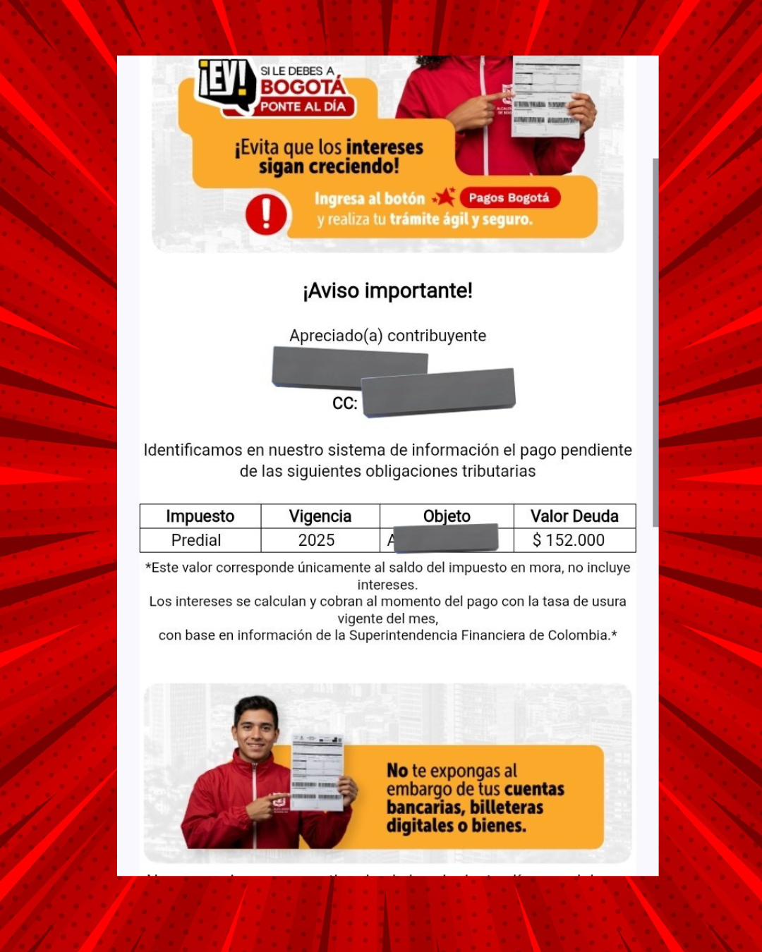 Correo falso de Pagos Bogotá alertando sobre deuda de impuesto predial
