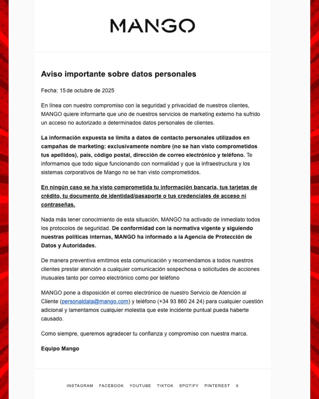 Comunicado oficial de MANGO sobre acceso no autorizado a datos personales