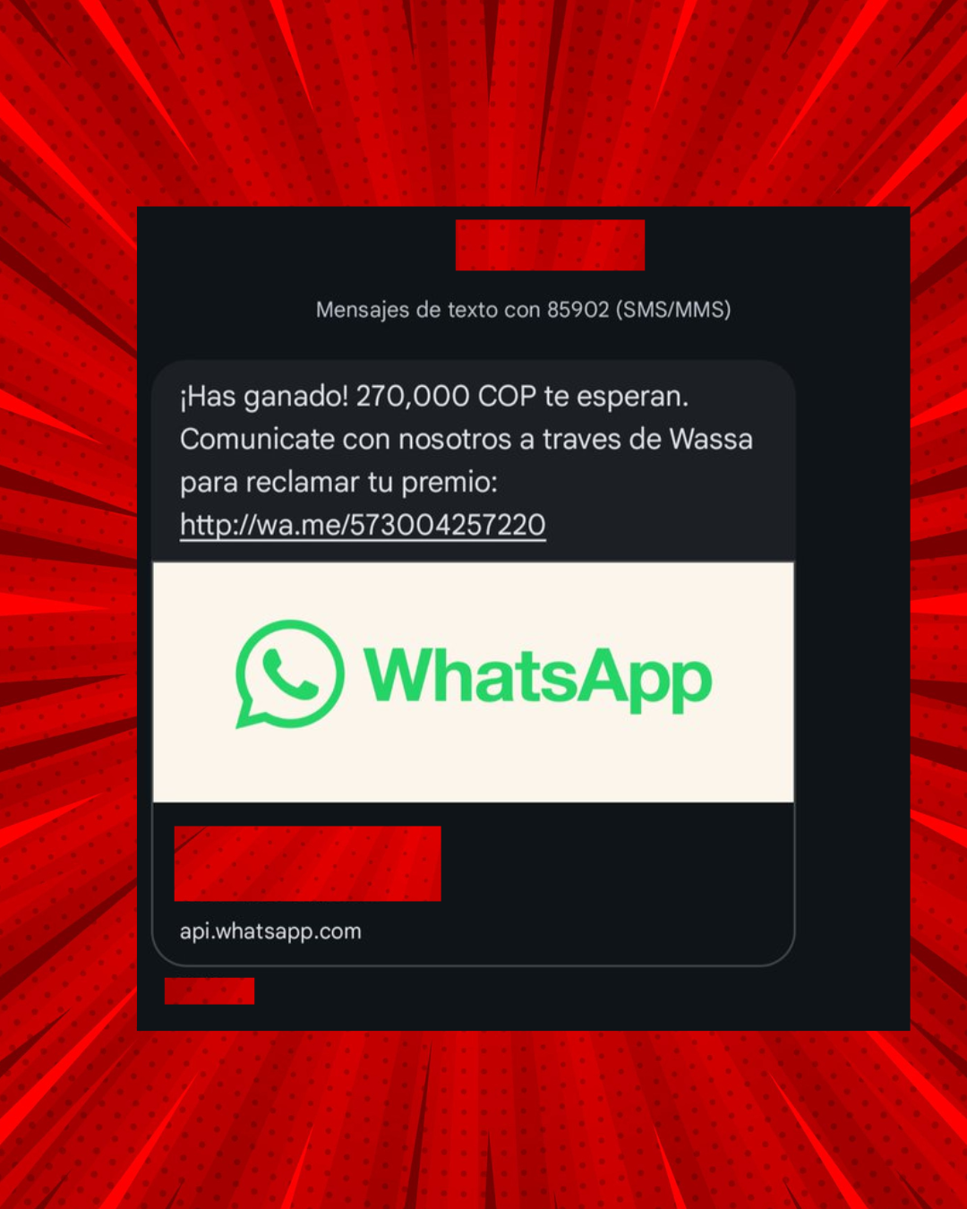 Mensaje de texto falso ofreciendo premio de 270.000 COP