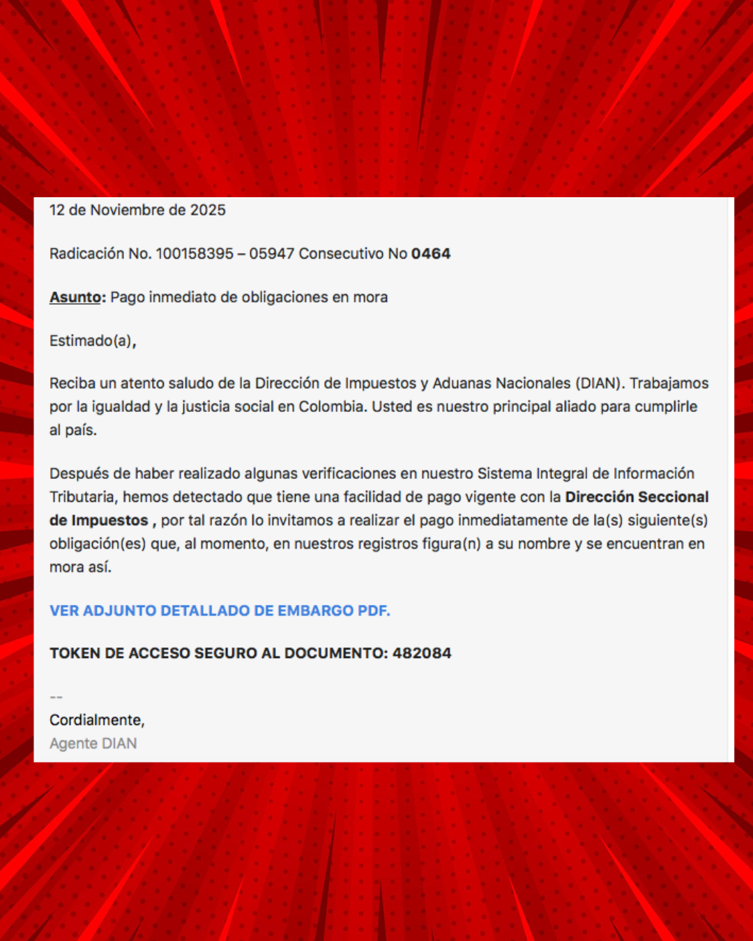 Correo falso de la DIAN sobre pago de obligaciones en mora