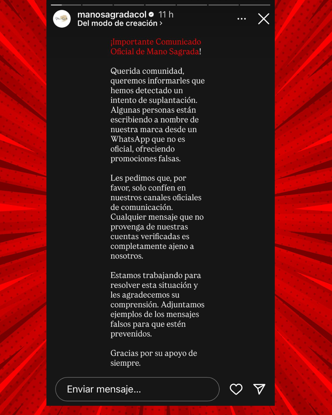 Comunicado oficial de Mano Sagrada advirtiendo sobre suplantación en WhatsApp