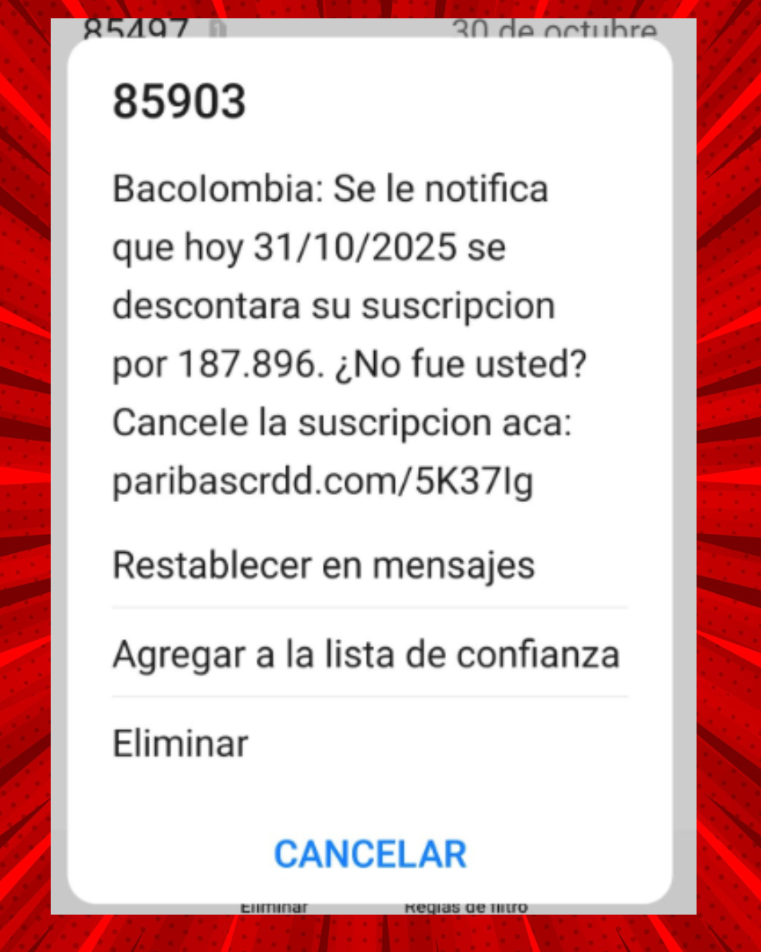 Mensaje de texto falso de Bancolombia sobre cargo de suscripción