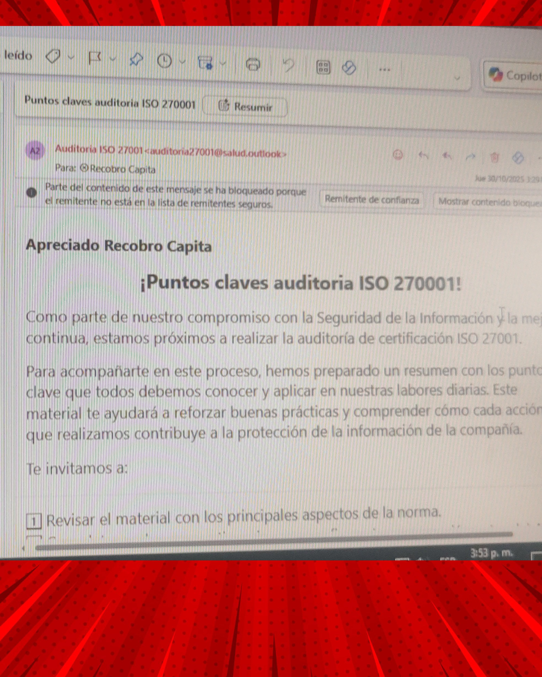 Segunda parte del correo falso con enlace malicioso