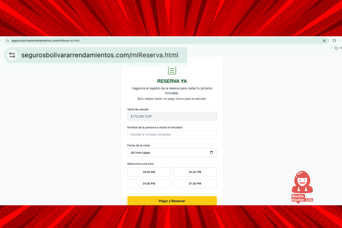Pantalla inicial del portal falso 'Reserva Ya' para visitar un inmueble, solicitando un pago de estudio.