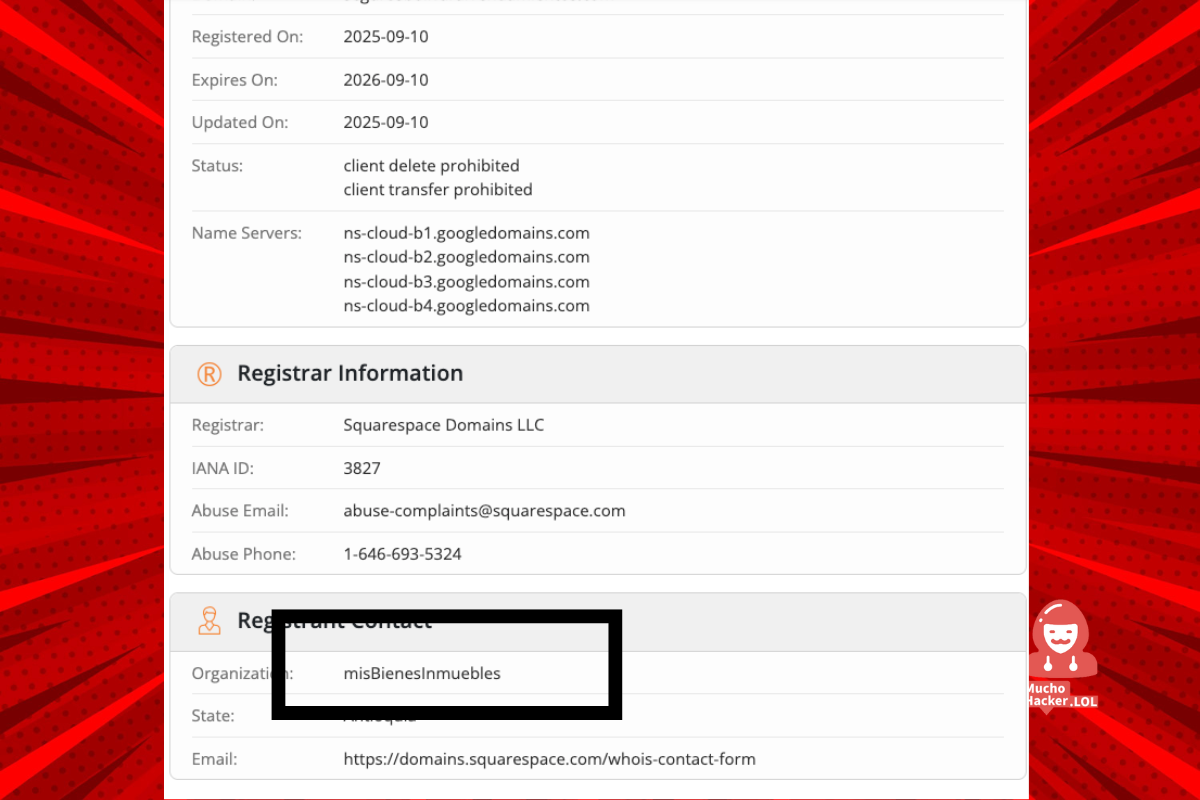 Segundo resultado WHOIS confirmando los datos del registrante fraudulento.