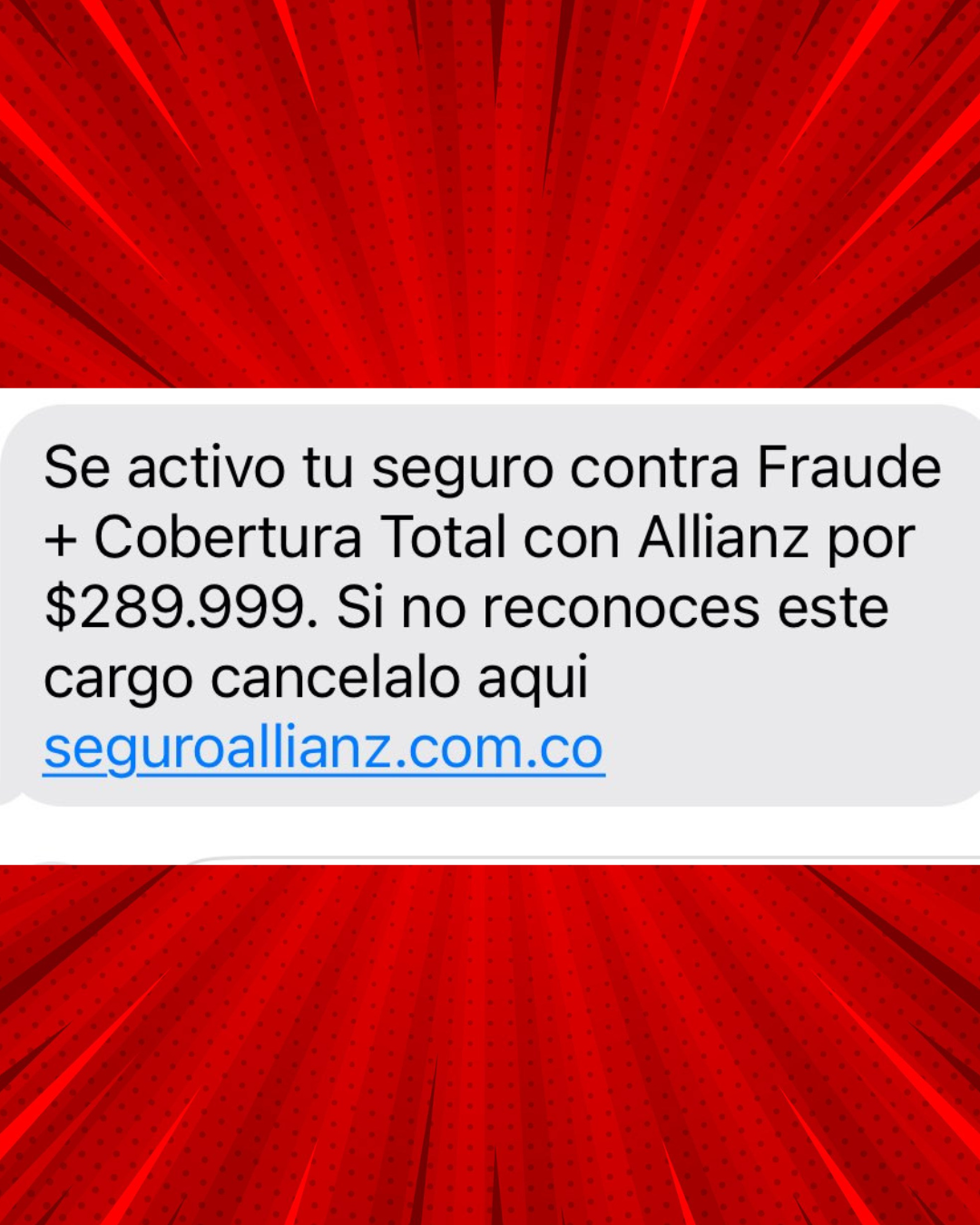Captura de mensaje de texto fraudulento que anuncia un seguro contra fraude con Allianz y un enlace para cancelar.