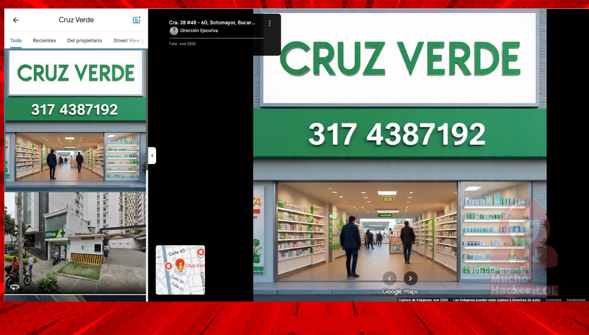 Captura de Google Maps mostrando perfil de restaurante con imágenes fraudulentas creadas con inteligencia artificial que incluyen números de teléfono falsos.