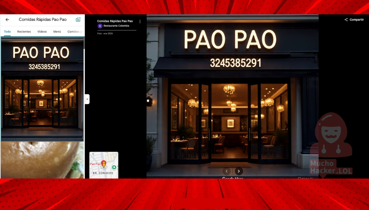 Ejemplo de foto fraudulenta generada con IA mostrando edificación falsa que los estafadores suben a perfiles de restaurantes legítimos en Google Maps.