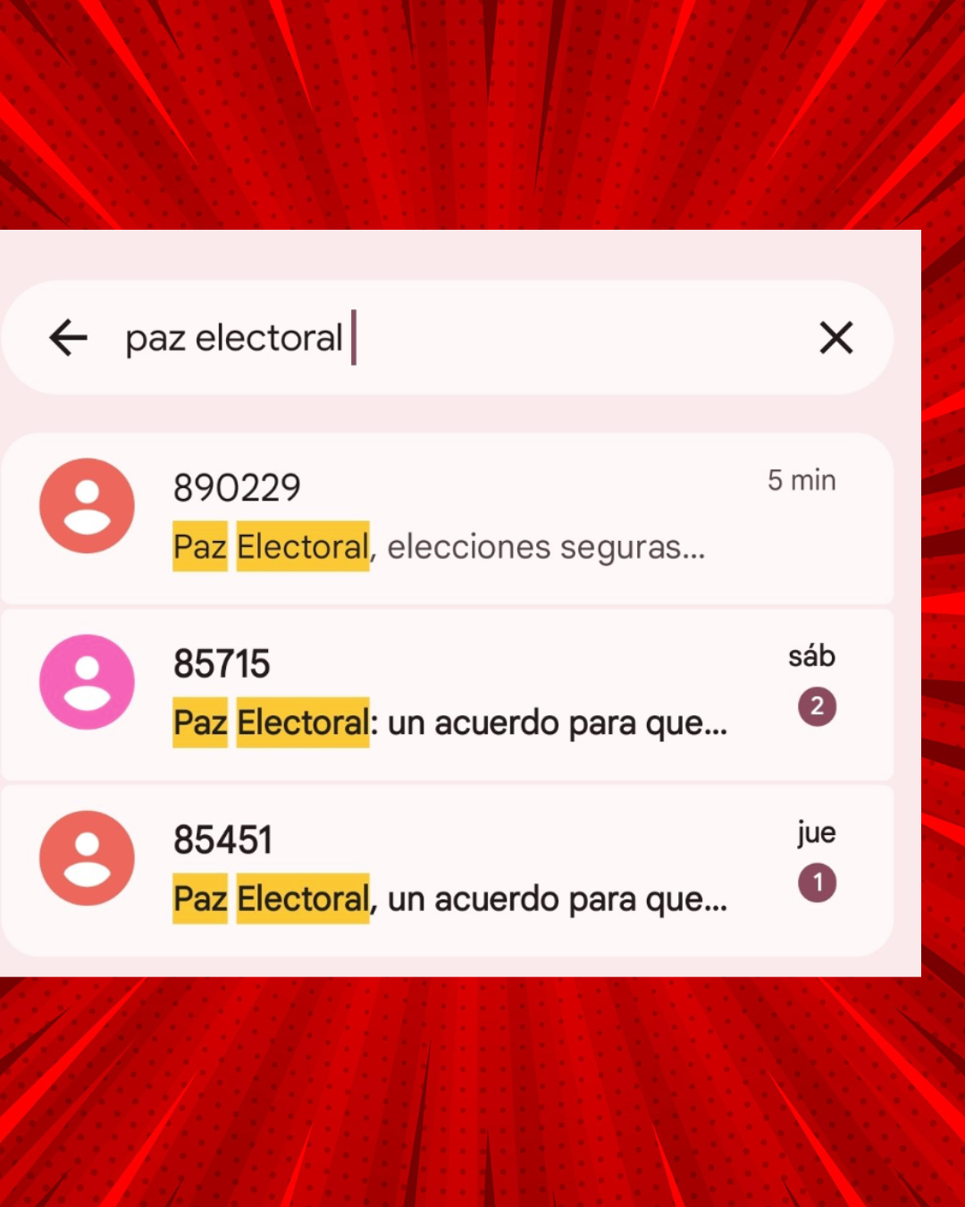 Segunda captura que documenta el envío masivo no autorizado de mensajes de texto de la campaña Paz Electoral, mostrando el remitente institucional y el contenido del mensaje recibido sin consentimiento previo del titular.