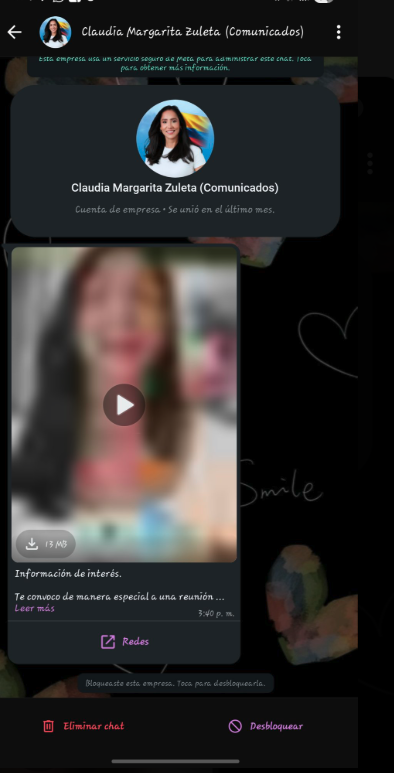 Captura de WhatsApp mostrando mensaje no autorizado enviado desde una cuenta empresarial identificada como 'Claudia Margarita Zuleta (Comunicados)', con contenido de convocatoria política enviado a personas que nunca autorizaron el uso de sus datos.