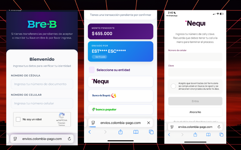 Infografía de la estafa Bre-B mostrando el flujo del fraude: mensaje de texto falso con nombre real, portal Bre-B fraudulento solicitando documento y celular, y segundo paso pidiendo credenciales de Nequi, Banco de Bogotá y Banco Popular.